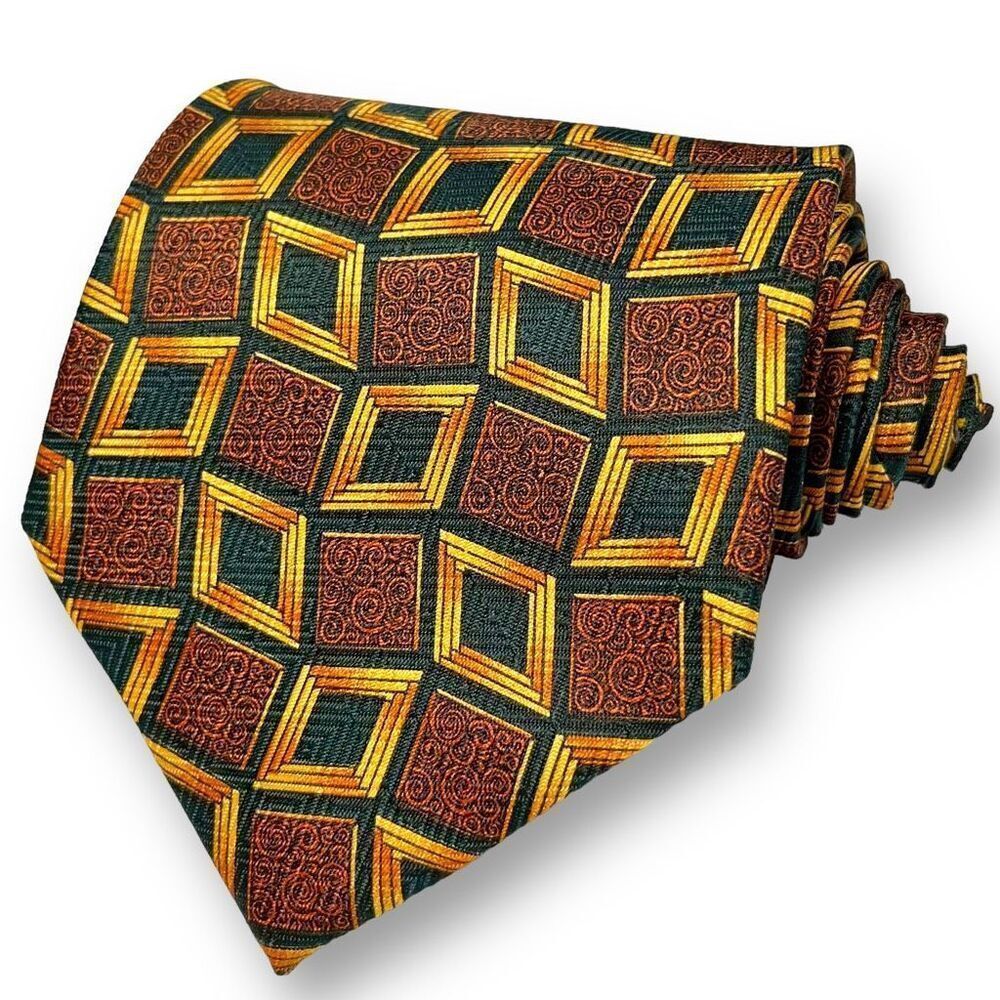 BIJOUX TERNER Men’s Vintage Designer Gold Black Diamond Geometric 100% Silk Tie